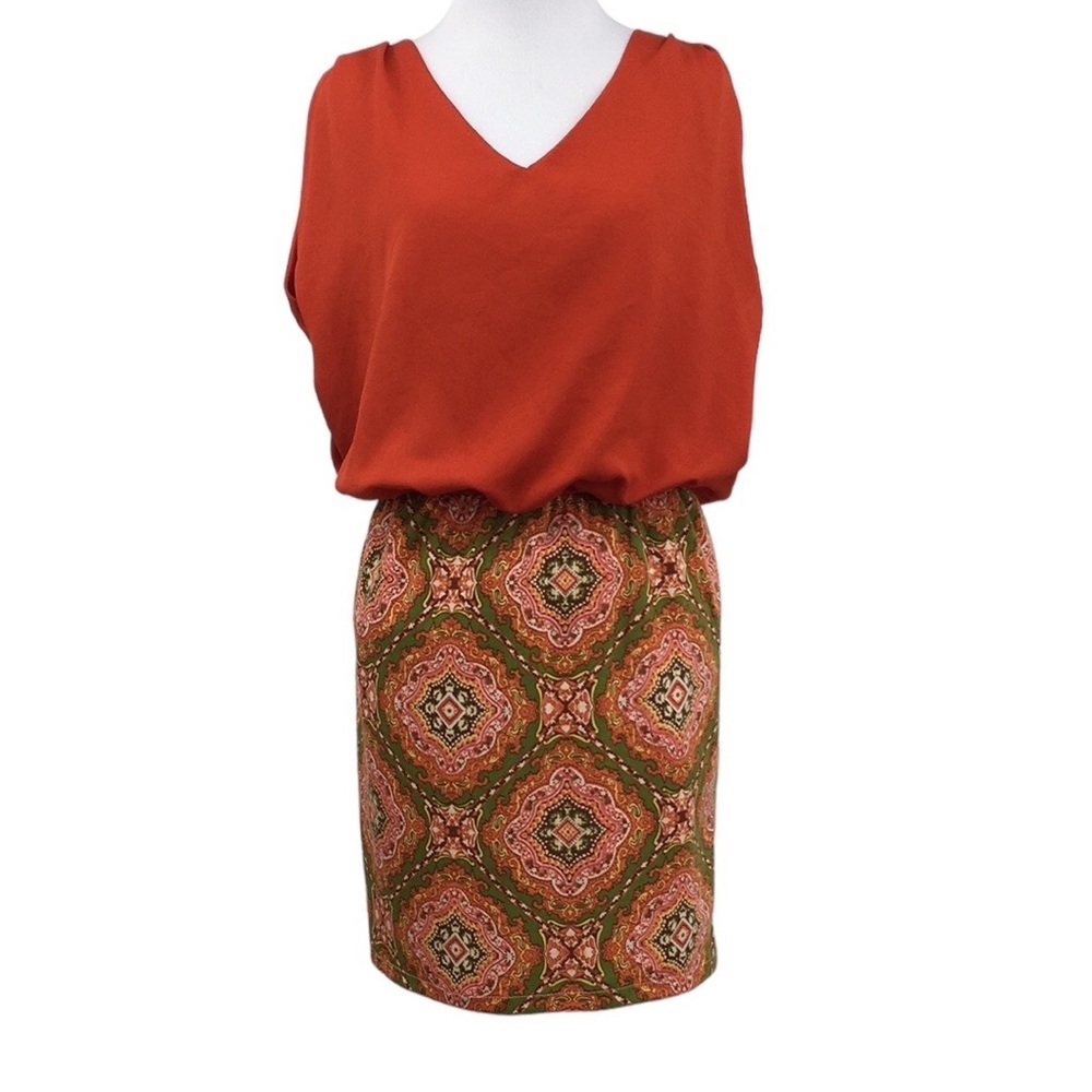 Judith March Mini Dress Womens Medium Orange Green Blouson V Neck